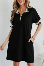 Black Striped Webbing Trim Preppy Polo Tee Dress