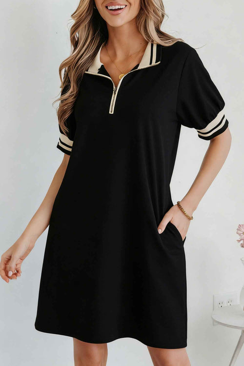 Black Striped Webbing Trim Preppy Polo Tee Dress