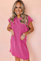 Rose Red Textured Ruffled Flutter Sleeve Mini Dress