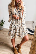 Black Leopard Print Buttoned Front 3/4 Sleeve Tiered Ruffled Hem Dress - MuseLover