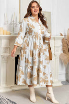 Khaki Patterned Ruffled Sleeve Half Placket Tiered A-line Plus Size Long Dress