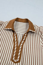 Brown Stripe Shirt Collar Color Block Patchwork Trim Ruffle Hem Short Dress
