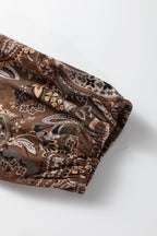 Brown Paisley Print Half Buttons Puff Sleeve Flowy Short Dress