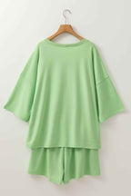 Meadow Mist Green Plus Size V Neck Drop Shoulder Tee Loose Shorts 2pcs Outfit