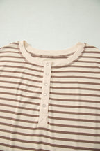 Brown Stripe Plus Size Half Buttons Top and Shorts Set
