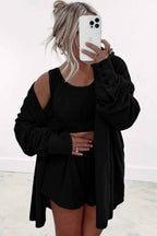 Black 3 Pcs Crop Tank Top Shorts with Cardigan Lounge Set