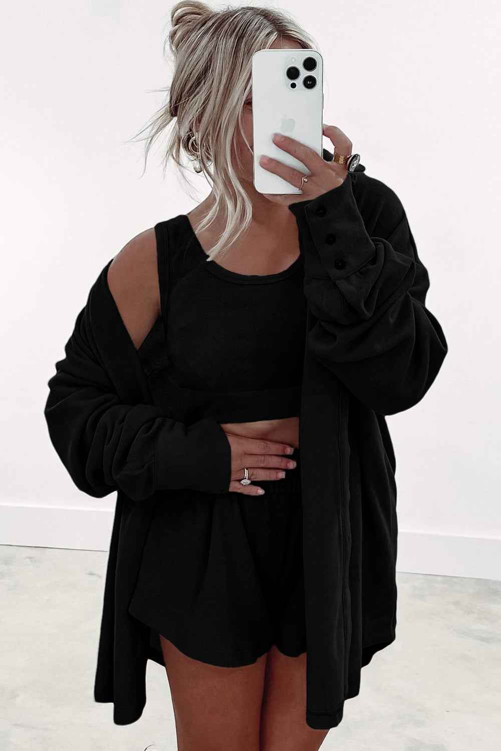 Black 3 Pcs Crop Tank Top Shorts with Cardigan Lounge Set