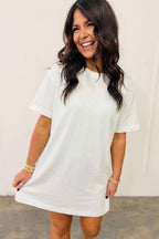 White Drop Shoulder Crew Neck Shift T Shirt Dress