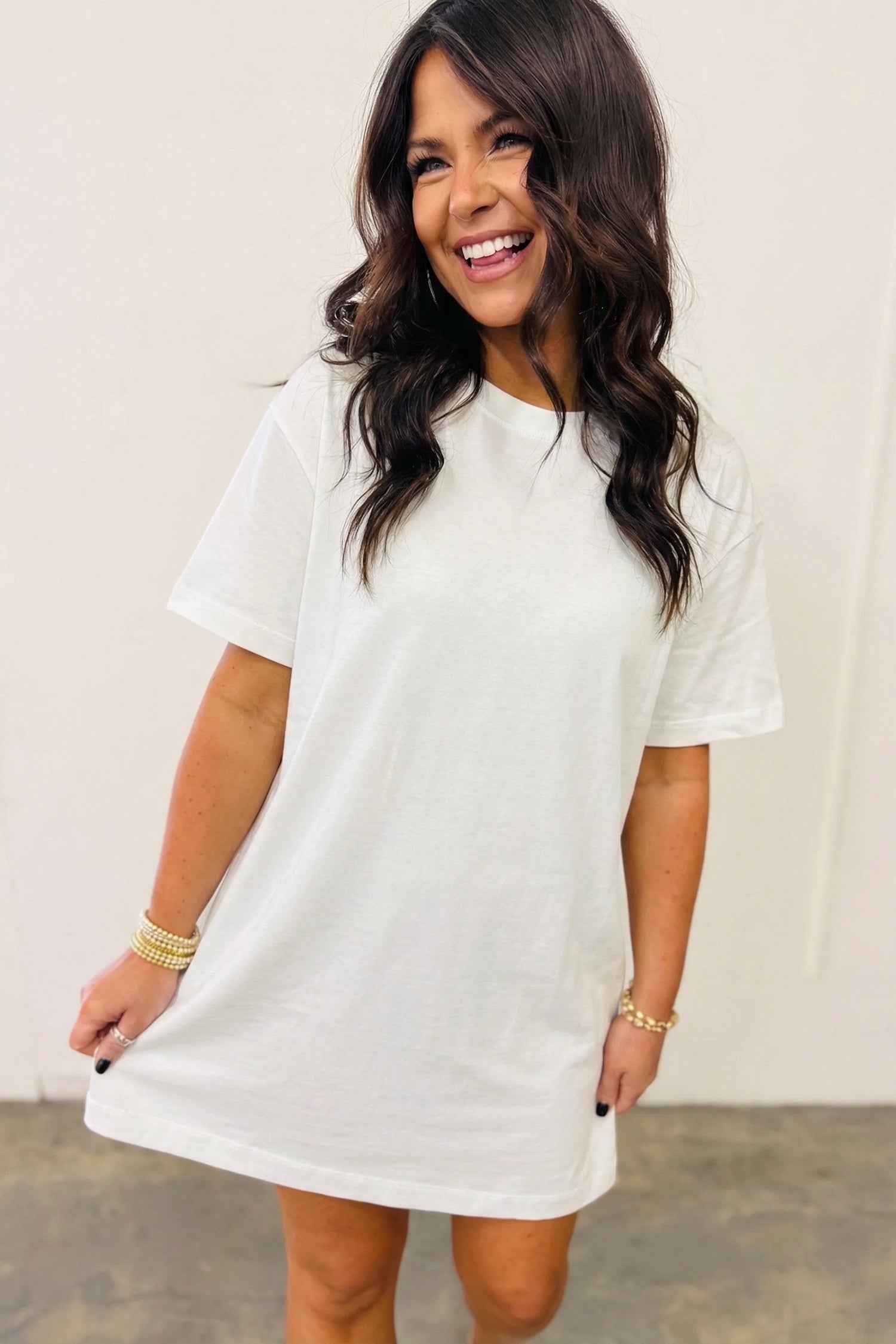 White Drop Shoulder Crew Neck Shift T Shirt Dress