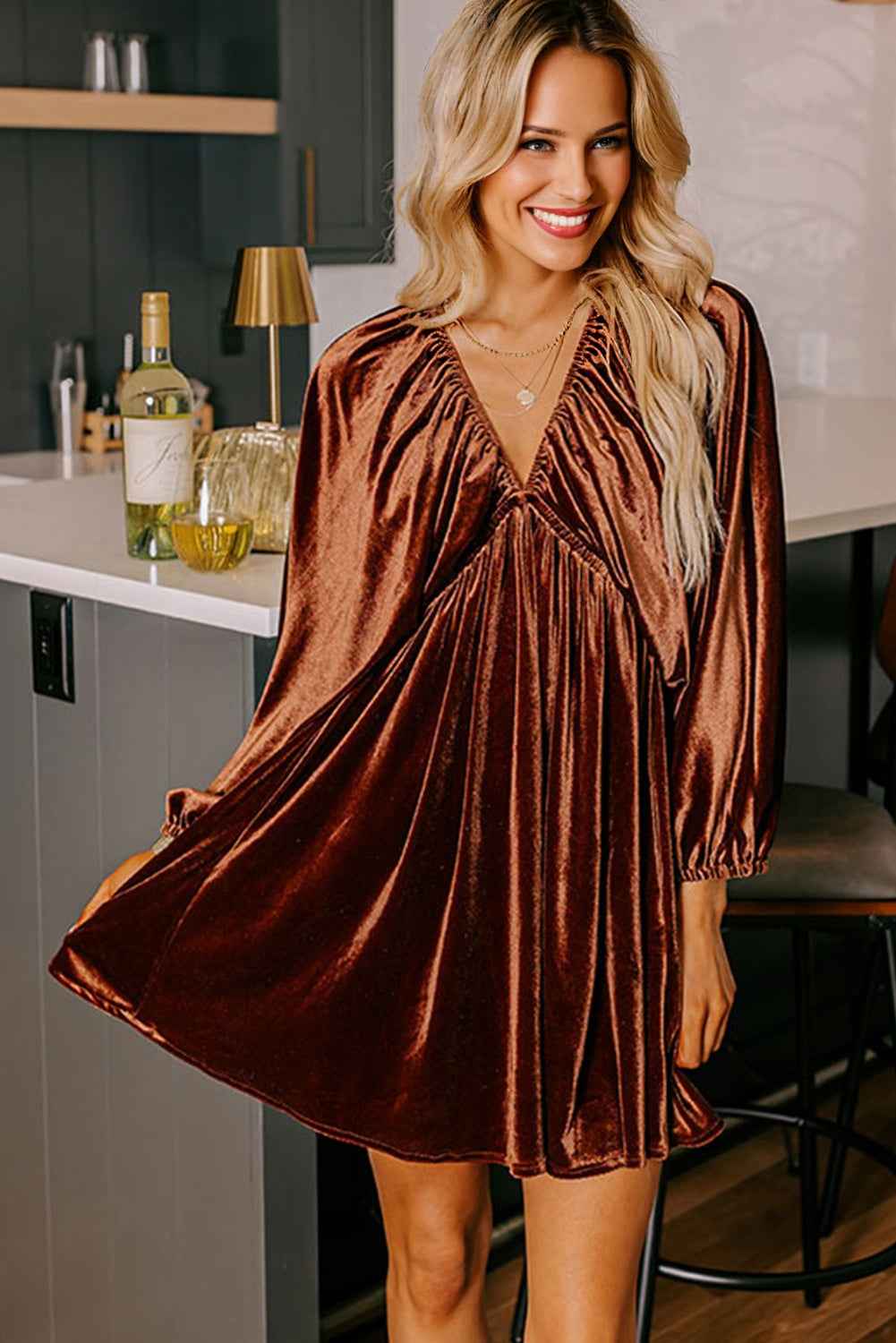 Clay Elastic V Neck Puff Sleeve Short Velvet Dress
