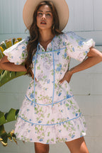 Pink Floral Striped Print Contrast Trim Tie Split Neck Mini Dress