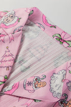 Pink Christmas Print Ruffled Ribbed Shirt & Pants 2 Piece PJ Set