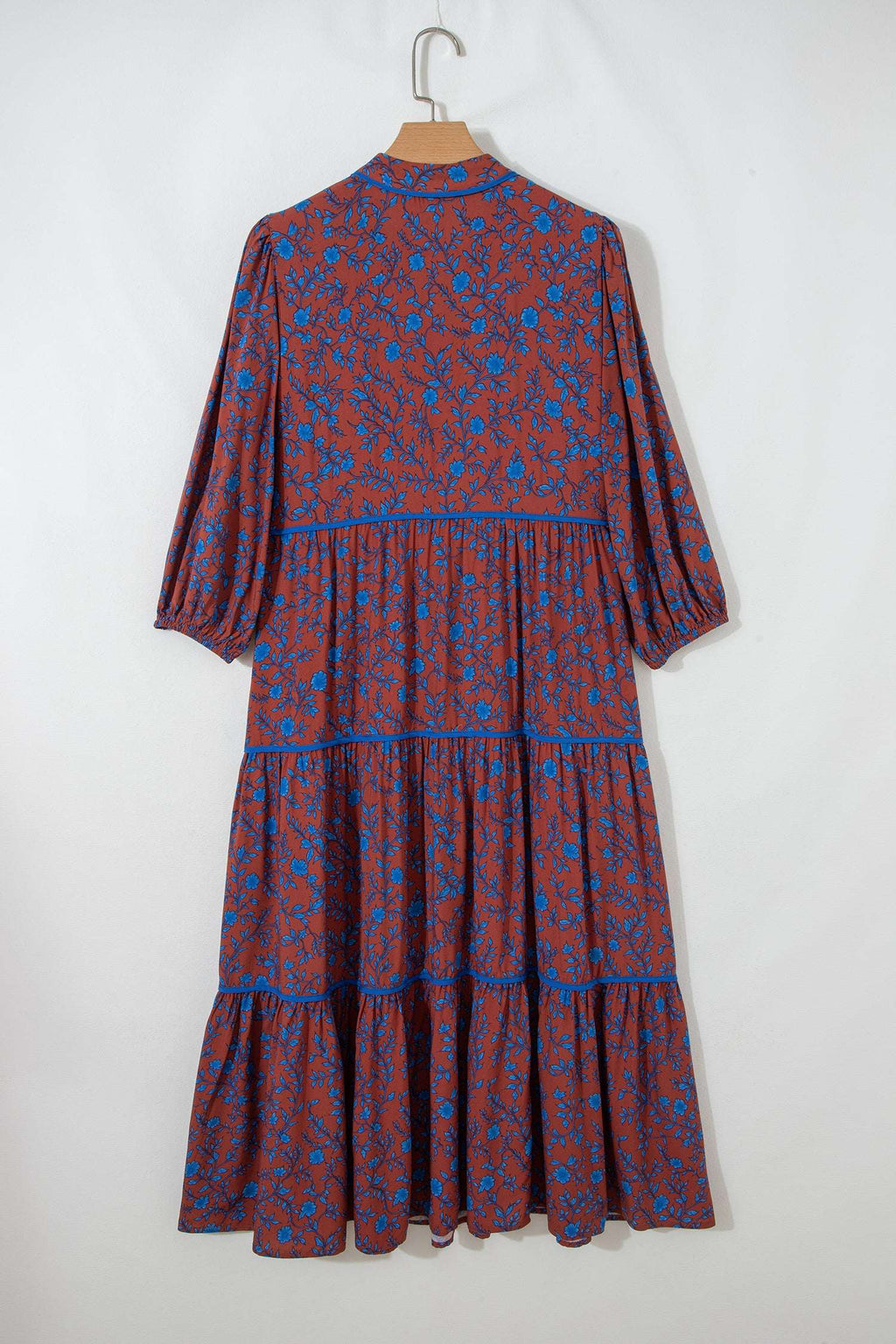 Brown 3/4 Puff Sleeve Tiered Loose Floral Dress