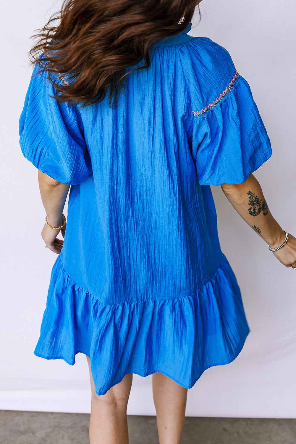 Blue Flower Embroidered Split Neck Short Puff Sleeve Ruffle Hem Dress