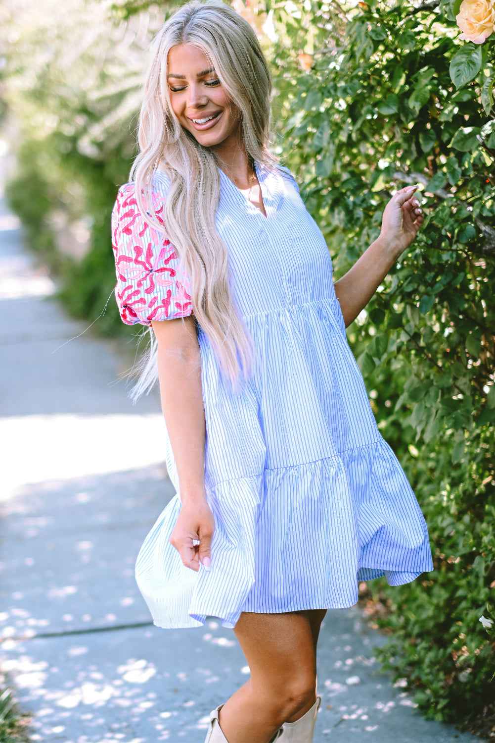 Sky Blue Stripe Contrast Floral Puff Sleeve Tiered Ruffle Dress