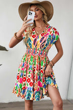Sky Blue Abstract Print V Neck Dolman Sleeve Ruffle Tiered Mini Dress