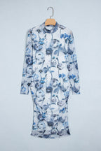 Sky Blue Floral Print Sheath Elegant Long Sleeve Dress