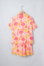 Pink Short Sleeve Pumpkin Print Pocket Placket Shell Button Lounge Set - MuseLover