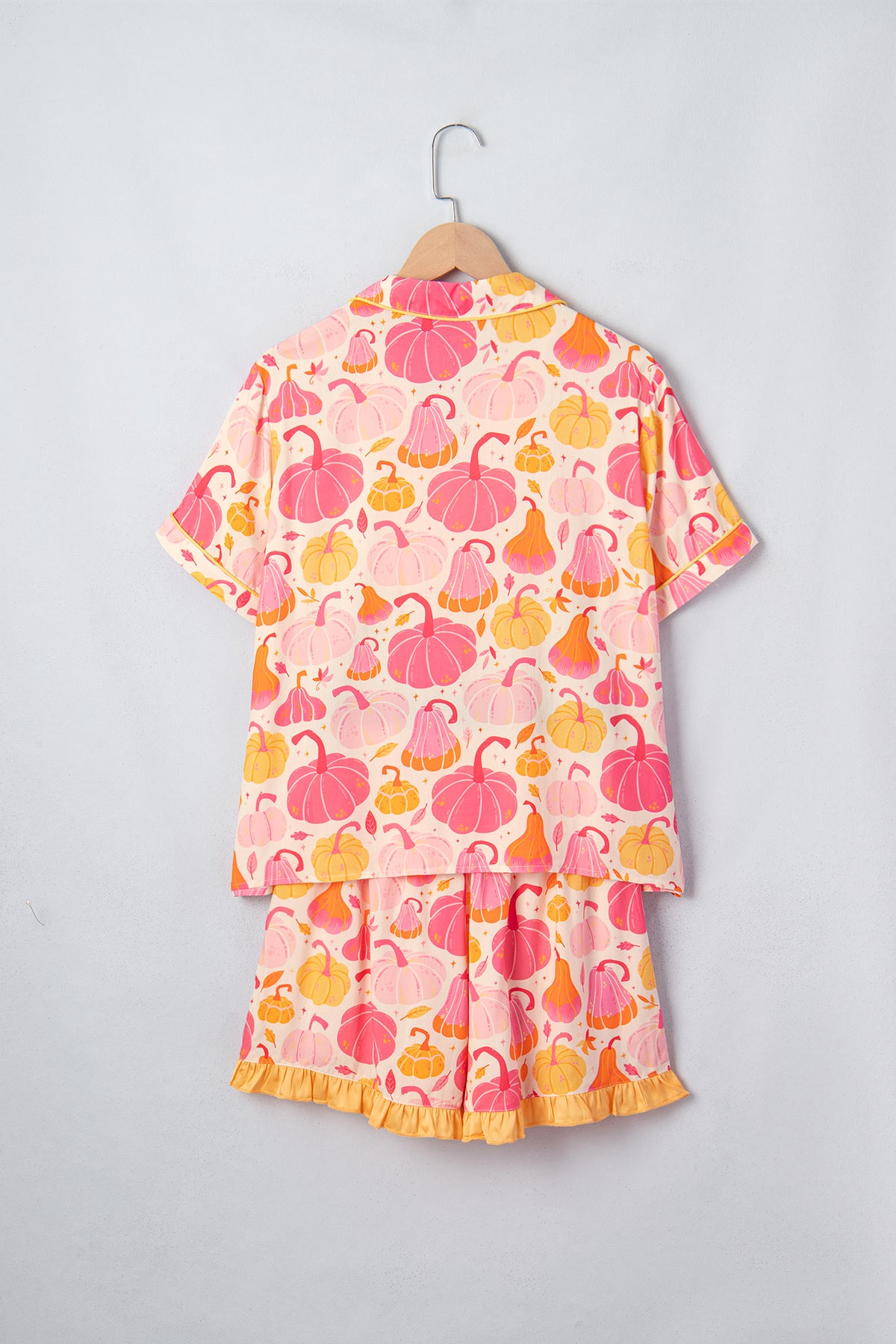 Pink Short Sleeve Pumpkin Print Pocket Placket Shell Button Lounge Set - MuseLover