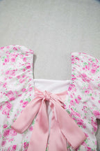 Pink Floral Print Square Neck Ribbon Knot Back Cute Mini Dress