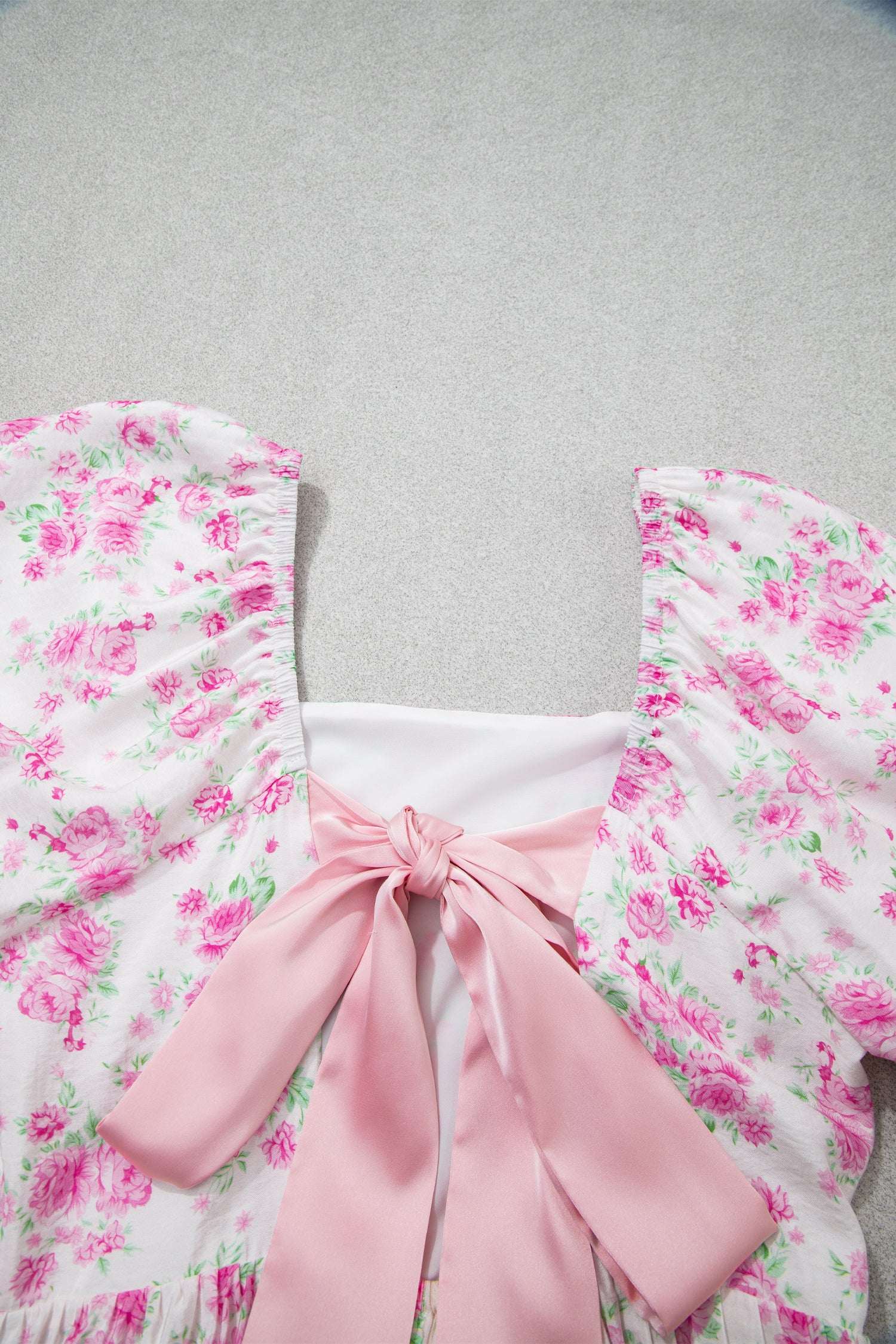 Pink Floral Print Square Neck Ribbon Knot Back Cute Mini Dress