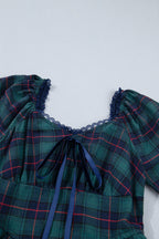 Green Vintage Plaid Square Neck Lace Trim Long Sleeve Shift Dress