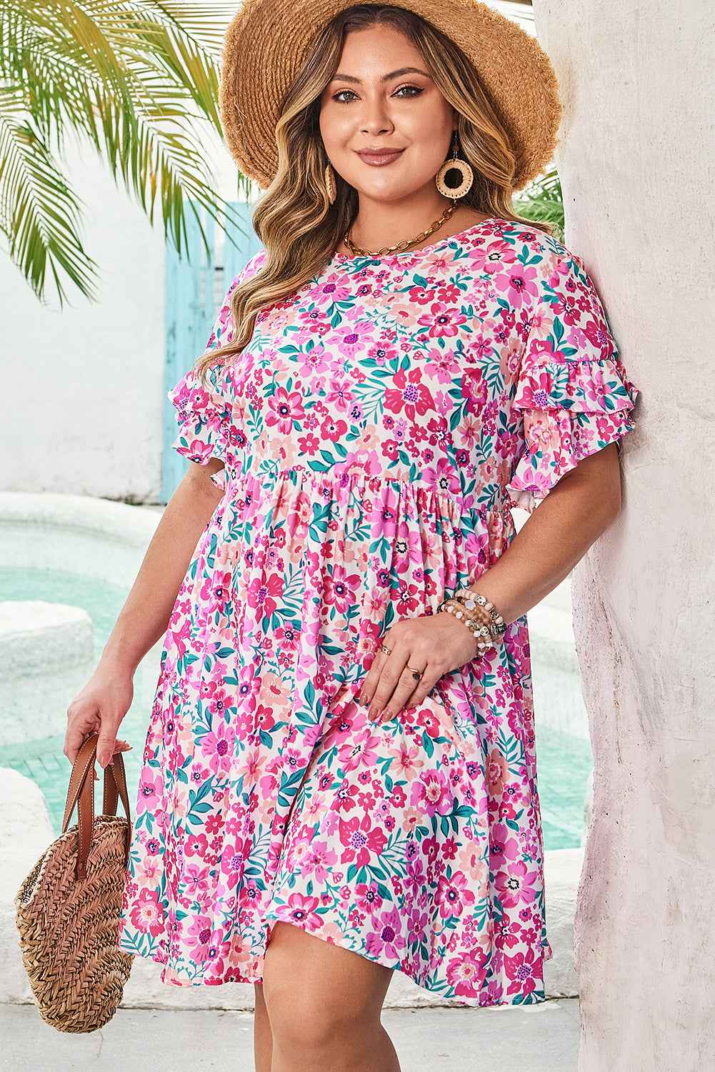White Plus Size Floral Print Frilled Short Sleeve Flare Dress