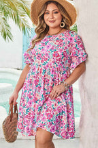 White Plus Size Floral Print Frilled Short Sleeve Flare Dress
