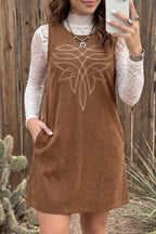 Coffee Geometric Embroidery Sleeveless Corduroy Shift Dress
