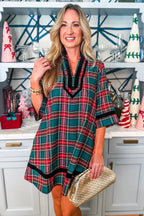 Green Plaid Velvet Trim Pockets Short Shift Dress