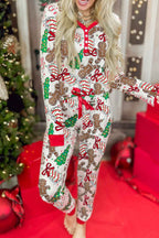 White Christmas Pattern Button V Neck Pullover Drawstring Pants 2pcs Lounge Set