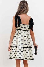 White Bow Knot Color Contrast Trim Knotted Shoulder Mini Dress