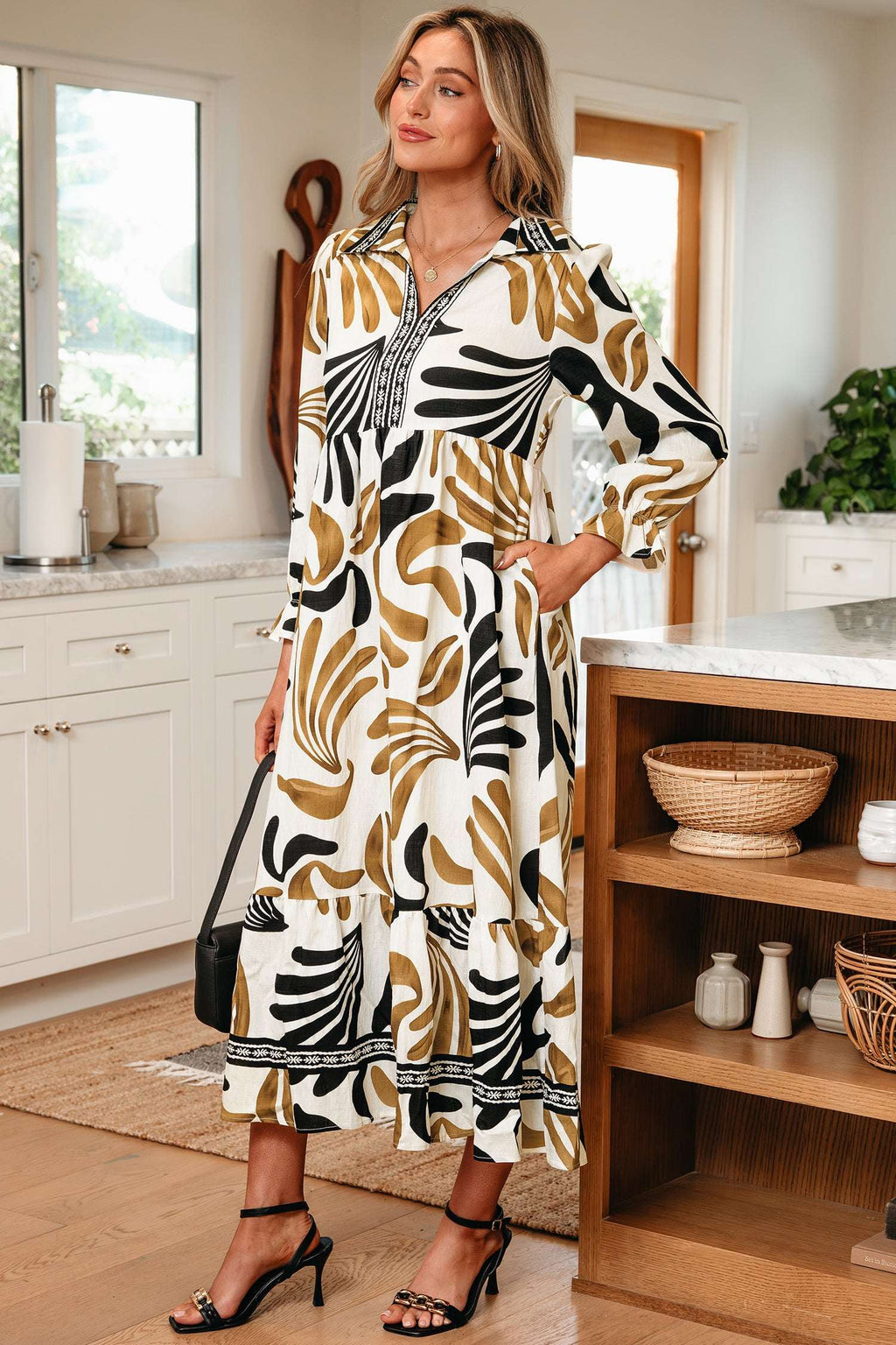 Brown Tropical Printed Contrast Trim Neck Long Sleeve Ruffle Hem Dress