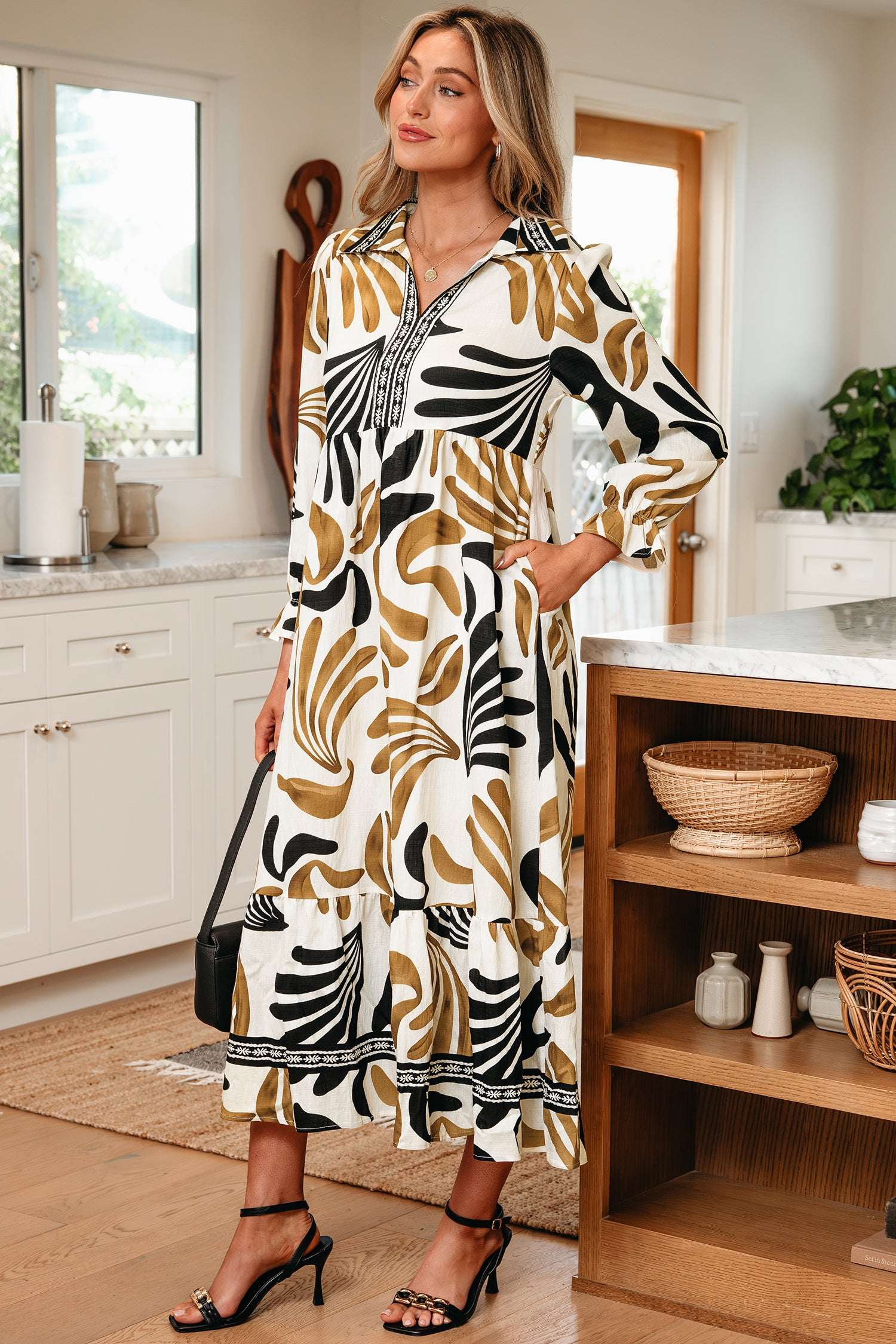 Brown Tropical Printed Contrast Trim Neck Long Sleeve Ruffle Hem Dress