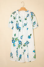 White Plus Size Floral Short Puff Sleeve Contrast Tie V Neck Dress