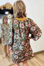 Brown Floral Print Contrast Trim V Neck Pocketed Long Sleeve Mini Dress