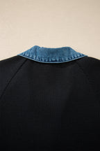 Black Waffle Knit Denim Contrast Trim Patchwork Button Polo Tee Dress