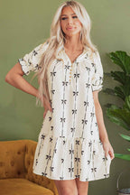 Beige Cute Bowknot Printed Bubble Sleeve V Neck Mini Dress