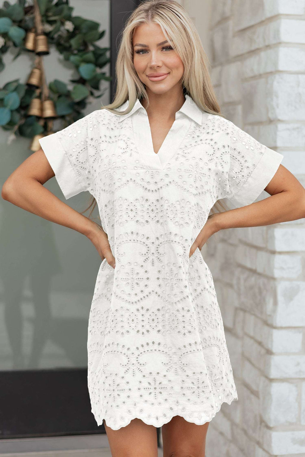 Green Solid Color Eyelet Embroidered T Shirt Mini Dress