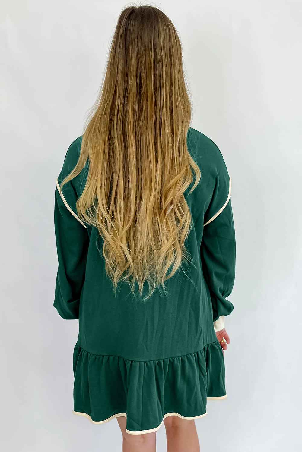 Evergreen Contrast Trim Zip Collar Long Sleeve Ruffle Hem Mini Dress