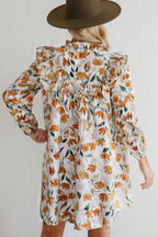 Yellow Floral Print Tie Neck Frilled Detail Long Sleeve Mini Dress