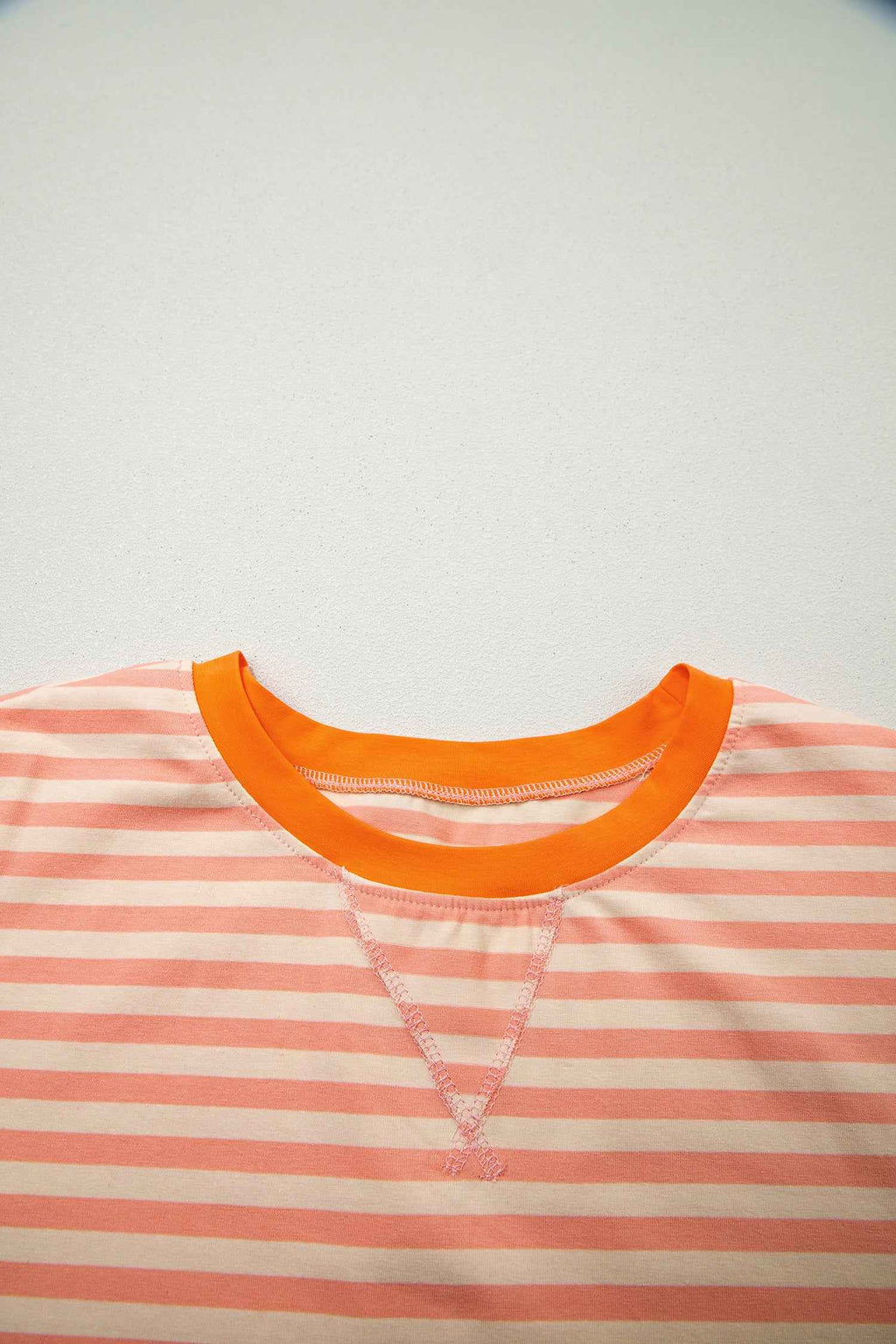 Pink Stripe Drop Shoulder T Shirt and Shorts Plus Size Summer Set