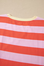 Orange Stripe Cuffed Short Sleeve Pocketed Casual T Shirt Long Dress