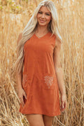 Gold Flame Corduroy Western Embroidered Patched Pocket Shift Sleeveless Mini Dress