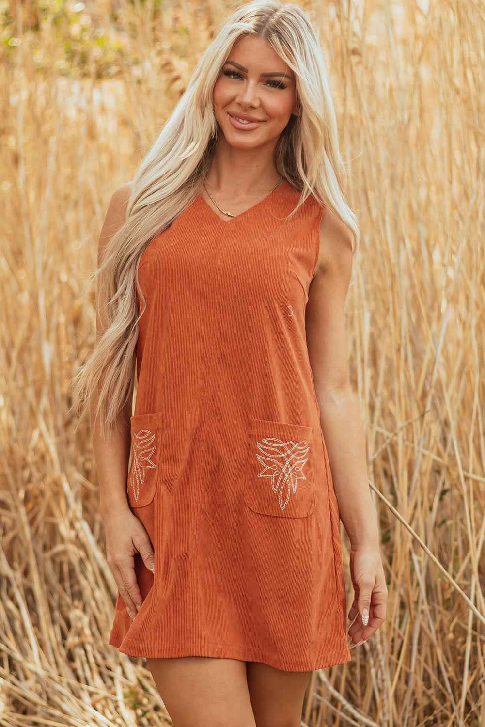 Gold Flame Corduroy Western Embroidered Patched Pocket Shift Sleeveless Mini Dress