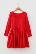 Fiery Red U Neck Long Sleeve Fit and Flare Short Dress
