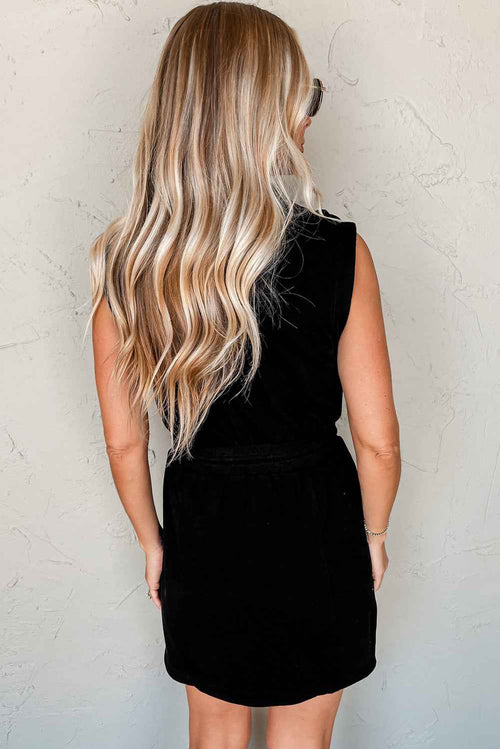 Black French Terry Zipped Collar Sleeveless Drawstring Waist Mini Dress