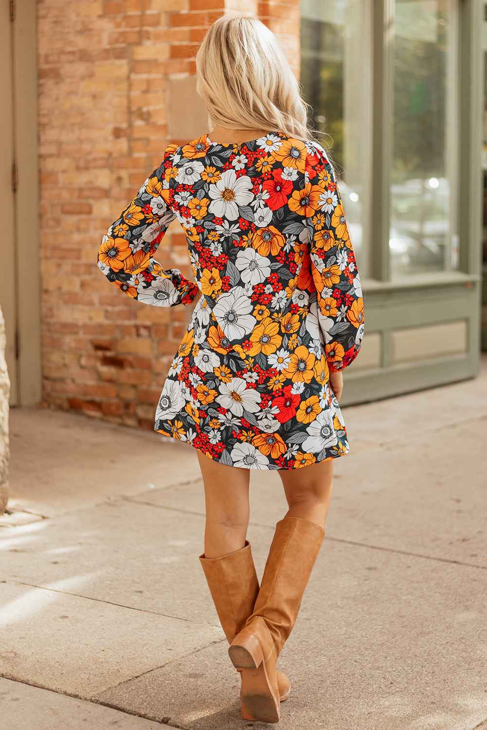 Orange Floral Print Striped Lace V Neck Long Sleeve Mini Dress
