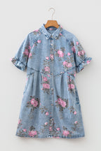 Sky Blue Floral Print Denim Short Sleeve Button Down Dress